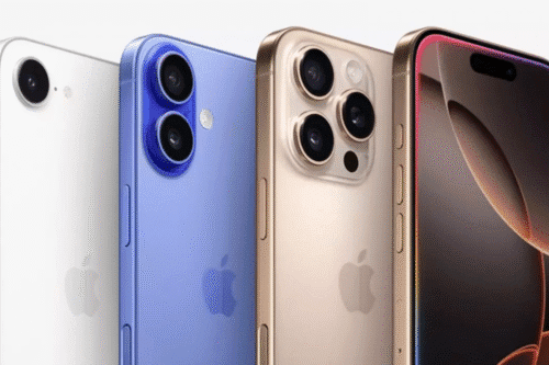 Imagem dos novos modelos de iPhone com câmeras tripla e dupla, em cores variadas como branco, azul, dourado e preto, exibidos em fundo branco.