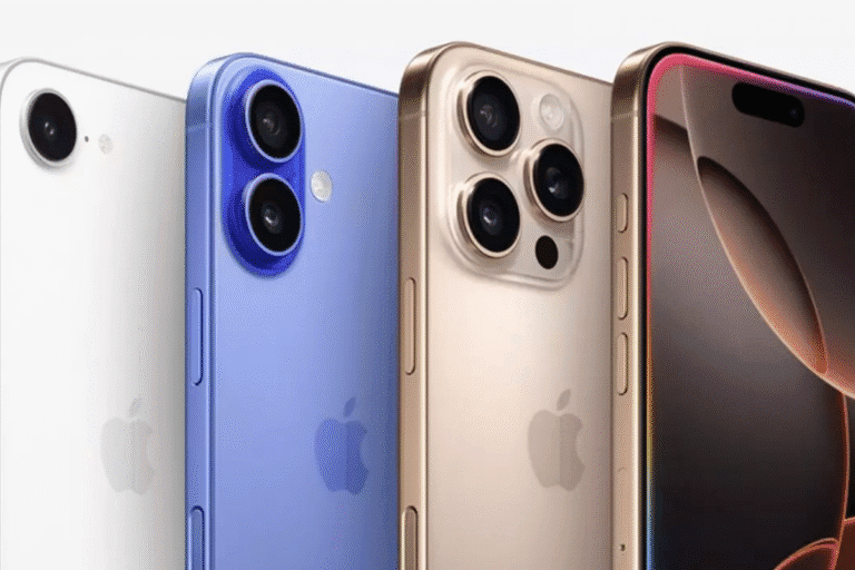 Imagem dos novos modelos de iPhone com câmeras tripla e dupla, em cores variadas como branco, azul, dourado e preto, exibidos em fundo branco.