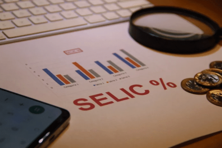 Imagem com gráficos de análise financeira e a palavra SELIC % destacada, ao lado de moedas de ouro, uma lupa e um smartphone, indicando estudo de investimentos e taxas de juros.
