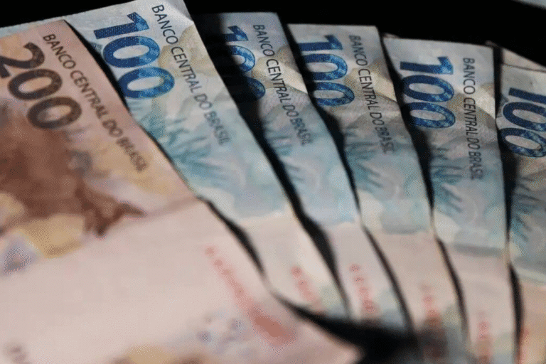 Imagem de cédulas de dinheiro de 100 reais do Banco Central do Brasil, mostrando detalhes das notas em uma disposição alinhada.