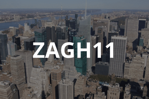 Vista aérea do horizonte de uma cidade com arranha-céus altos sob um céu limpo. A palavra "ZAGH11" sobreposta em negrito em primeiro plano