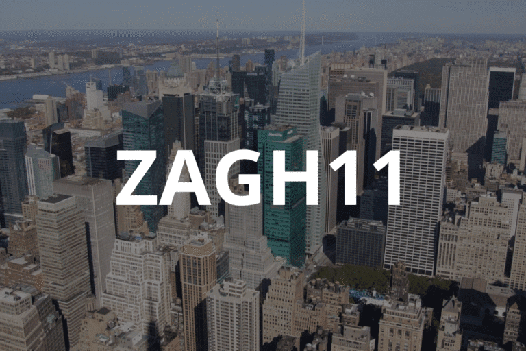 Vista aérea do horizonte de uma cidade com arranha-céus altos sob um céu limpo. A palavra "ZAGH11" sobreposta em negrito em primeiro plano