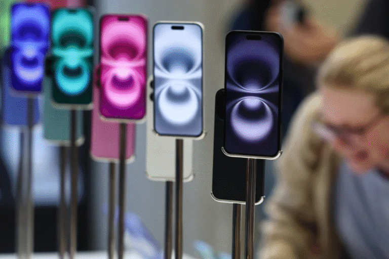 Vários modelos de iPhone em exibição em uma loja de eletrônicos, coloridos e com design moderno, atraindo entusiastas de tecnologia e amantes de smartphones.