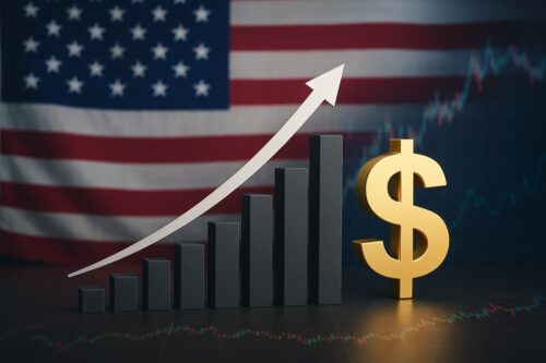 O ChatGPT disse: Gráfico de alta com cifrão e bandeira dos EUA, simbolizando impacto das eleições nos EUA no mercado Forex.