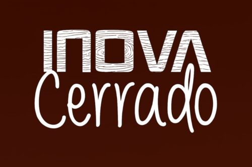 Logo do Inova Cerrado com fundo marrom, texto “INOVA” em madeira estilizada e “Cerrado” em fonte cursiva branca.