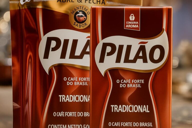Pacotes de café Pilão Tradicional em destaque, com embalagem vermelha e slogan "O café forte do Brasil".