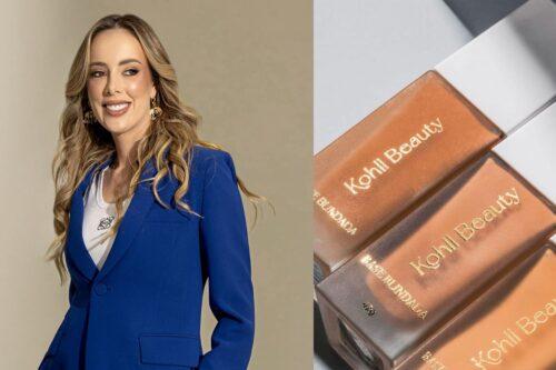 Helo Bertolini posa elegante ao lado de produtos Kohll Beauty, marca de maquiagem blindada de luxo.