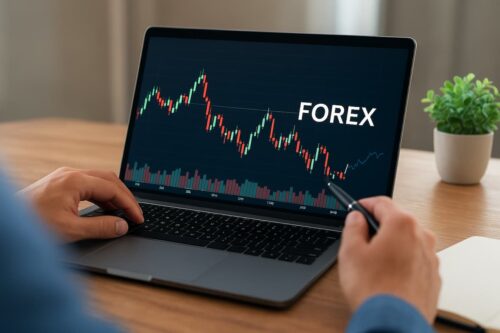 Pessoa analisando gráfico de velas do mercado Forex em notebook sobre mesa de madeira com caderno e planta ao lado.