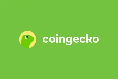 Logo da CoinGecko em fundo verde vibrante, com ícone de lagarto verde dentro de círculo amarelo e texto branco.