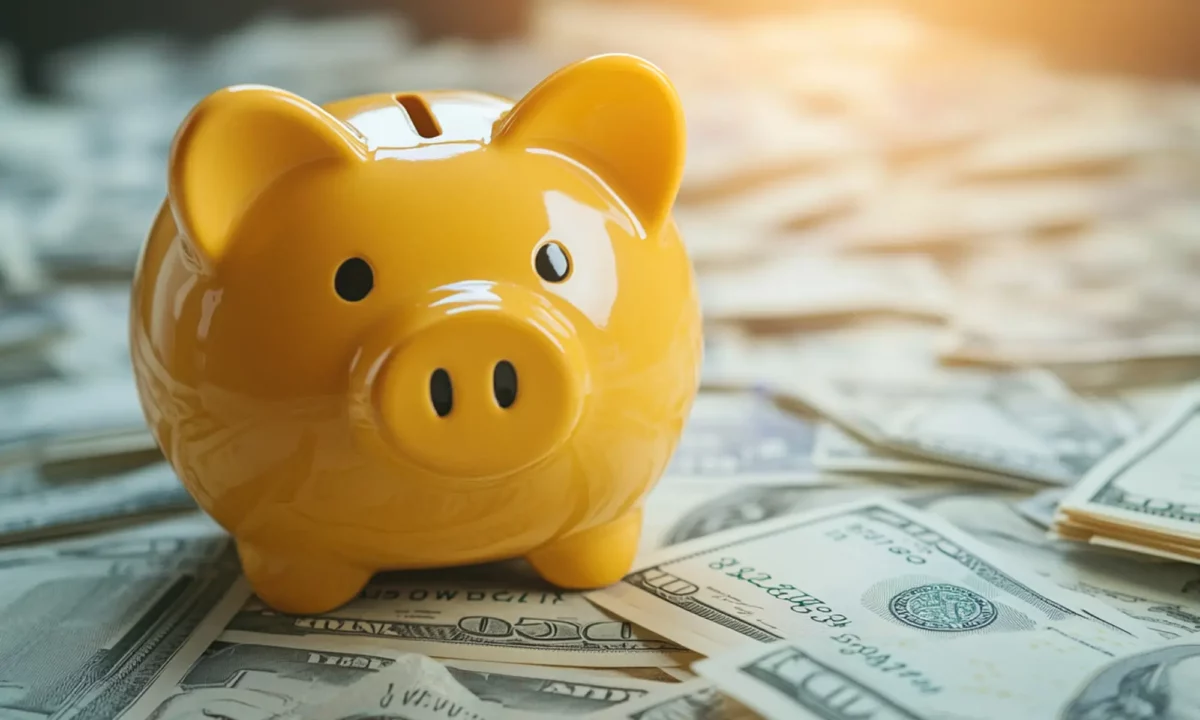 Cofrinho em formato de porquinho com notas, representando o rendimento da poupança hoje