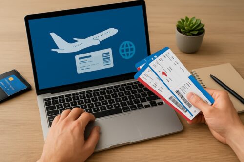 Homem usa notebook e segura passagens de avião, ilustrando renda extra em casa com milhas aéreas.