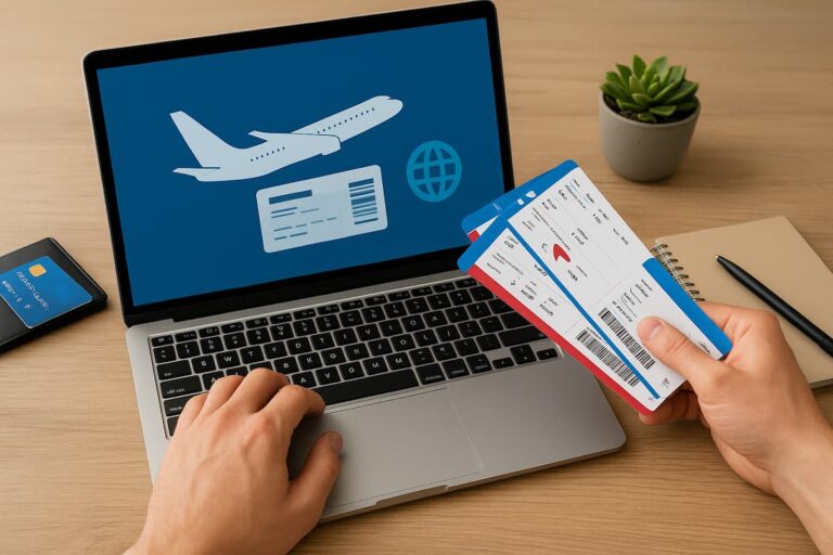 Homem usa notebook e segura passagens de avião, ilustrando renda extra em casa com milhas aéreas.