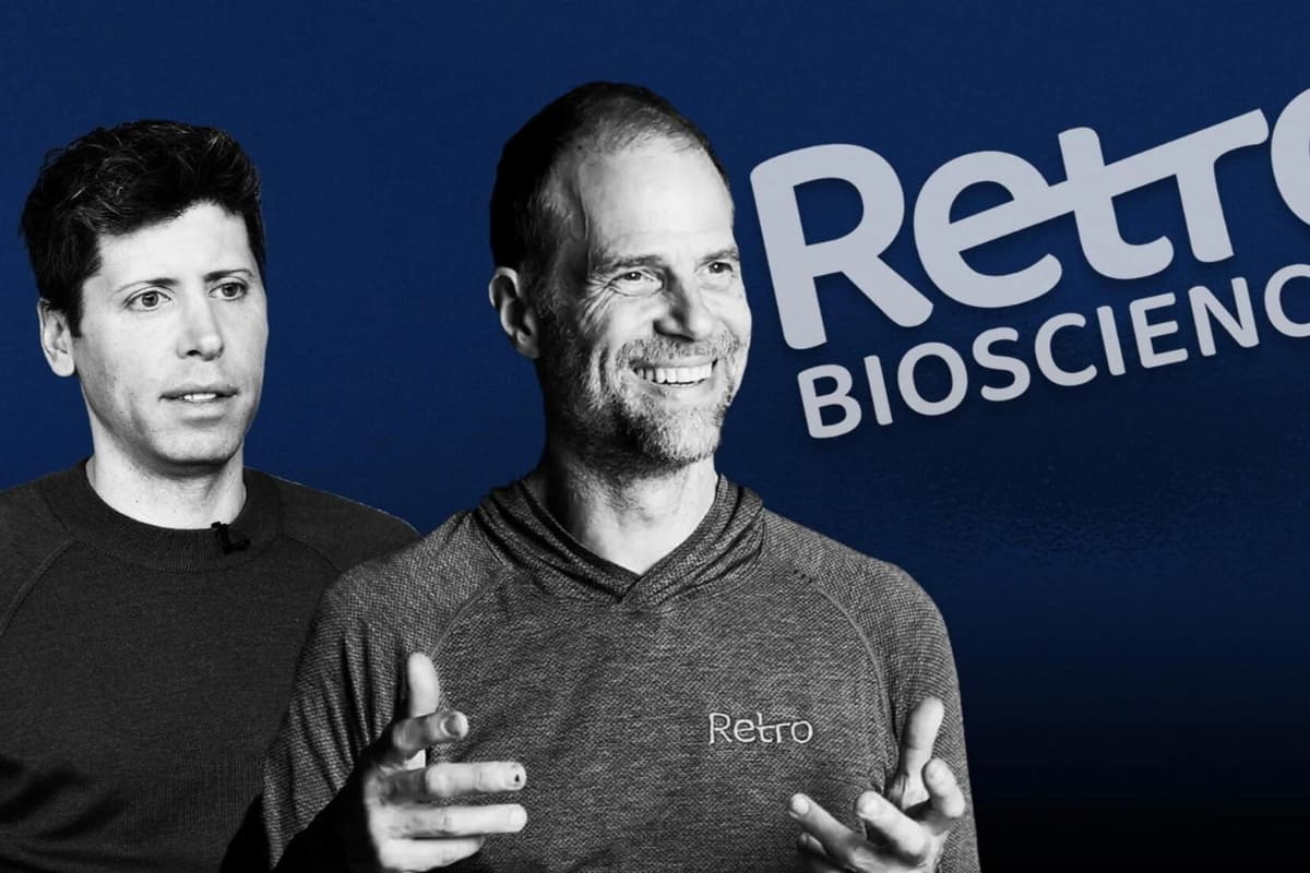 Sam Altman da OpenAI ao lado de Joe Betts-LaCroix da Retro Biosciences diante do logotipo da empresa.