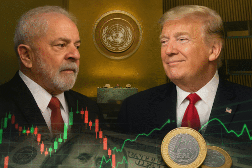Imagem gerada por IA, ilustrando a movimentação da bolsa de valores e do dólar após pronunciamento dos presidentes de Brasil e EUA (Trump x Lula)