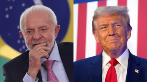 Montagem Lula x Trump. Presidentes deBrasil e Estados Unidos lado a lado.
