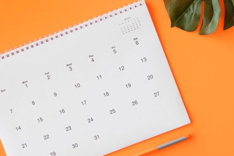 Calendário mensal aberto em uma mesa com fundo laranja, ao lado de uma folha com folhas verdes