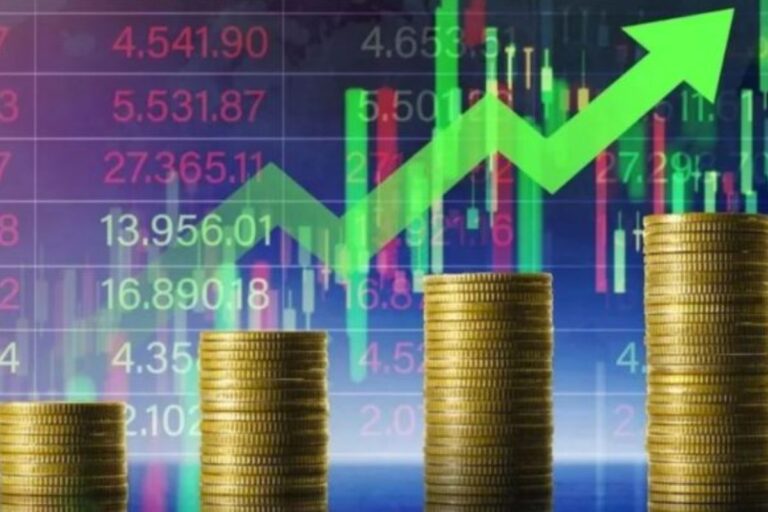 Gráfico de crescimento financeiro com barras de moedas douradas e um gráfico de linha ascendente destacando o sucesso financeiro e investimentos.