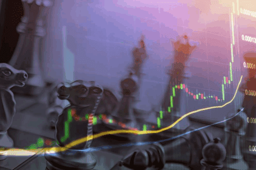 Imagem de peões de xadrez com gráficos financeiros e linhas de tendência, simbolizando estratégia de investimento e crescimento financeiro.