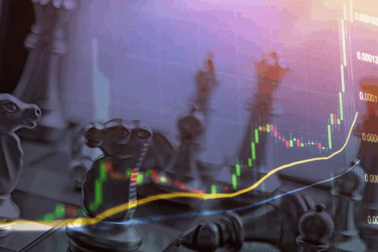 Imagem de peões de xadrez com gráficos financeiros e linhas de tendência, simbolizando estratégia de investimento e crescimento financeiro.