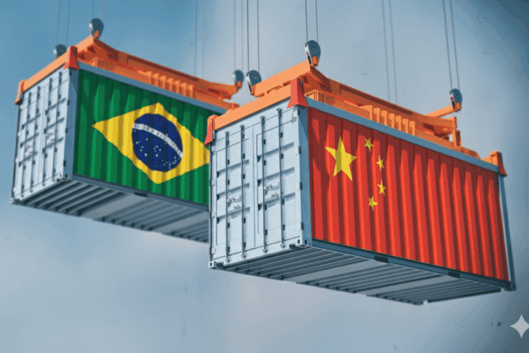Caixas de transporte marítimo com as bandeiras do Brasil e da China, representando comércio internacional entre os dois países.
