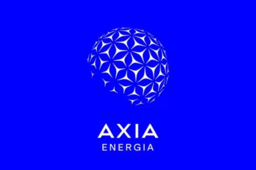 Logo da Axia Energia (Eletrobras) com esfera azul composta por padrões geométricos brancos, representação moderna e tecnológica do setor de energia.