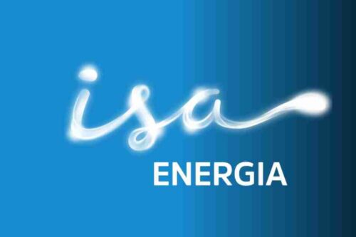 Logo da Isa Energia com estilo de letras de luz brilhante em fundo azul, destacando a marca.