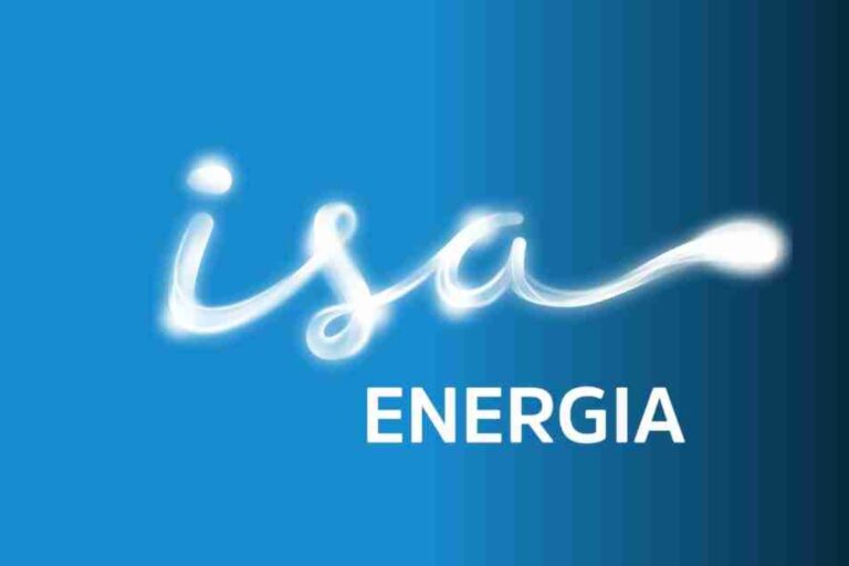 Logo da Isa Energia com estilo de letras de luz brilhante em fundo azul, destacando a marca.