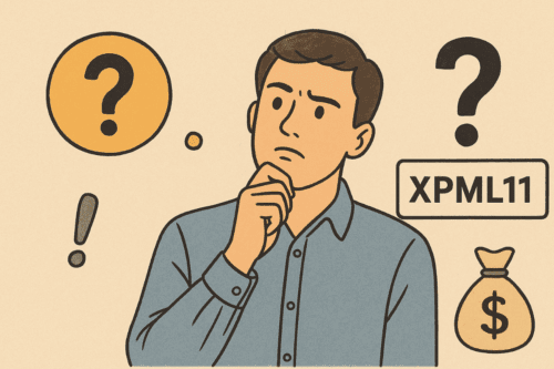 Imagem de um homem pensando com dúvidas ao redor, incluindo símbolos de perguntas, sinais de exclamação, texto 'XPML11' e um saco de dinheiro, representando dúvidas sobre investimentos ou finanças.