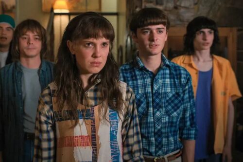 Cena de grupo de jovens em uma cena de Stranger Things, com expressões de surpresa ou preocupação, em ambiente de interior iluminado