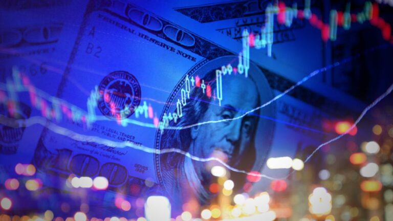 Imagem ilustrativa do mercado financeiro dos Estados Unidos, com cédulas de dólar e gráficos de ações sobrepostos