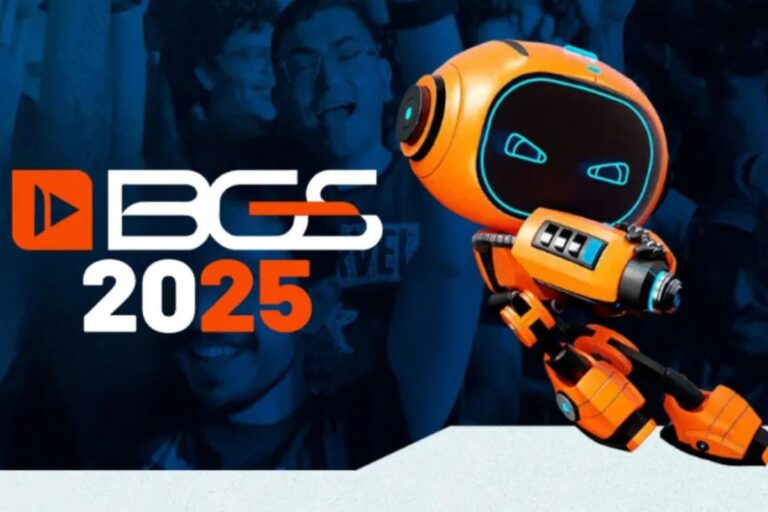 Logo da BGS 2025 e mascote do evento em destaque, representando o universo gamer da feira em São Paulo.