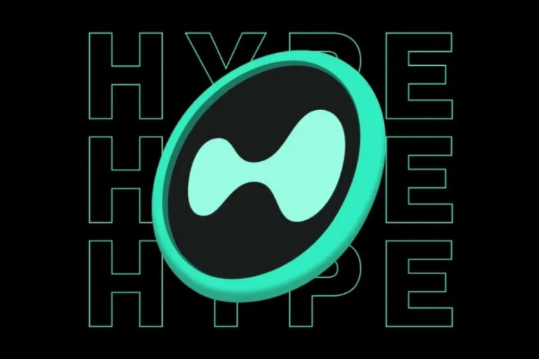 Logo do token Hyperliquid (HYPE) em verde e preto com fundo escuro e texto “HYPE” repetido ao fundo.