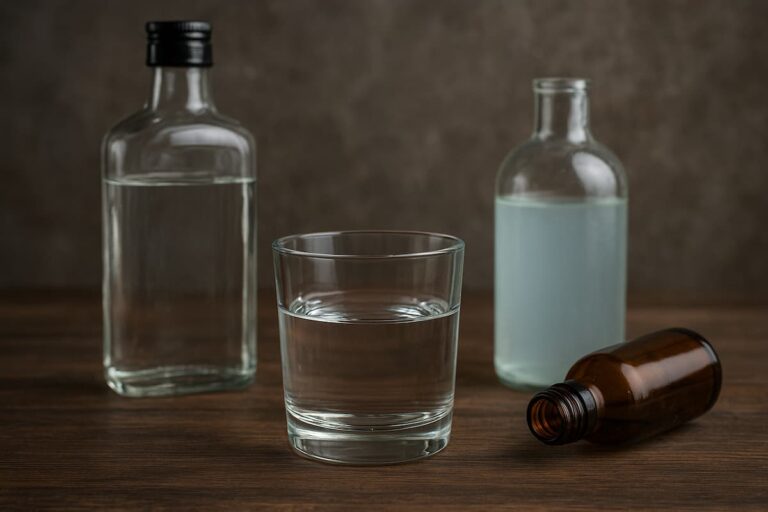 Garrafas e copo com líquidos transparentes e azulados sobre mesa de madeira, simbolizando indústria de bebidas alcoólicas e o impacto da adulteração com metanol.