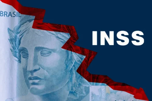 Dinheiro em espécie ao lado do logotipo do INSS representa o ressarcimento a aposentados e pensionistas na nova fase de devoluções do instituto.