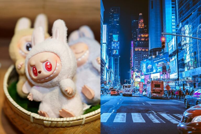 Labubu da Pop Mart em destaque e vista da Times Square, local da nova flagship da marca em 2026.