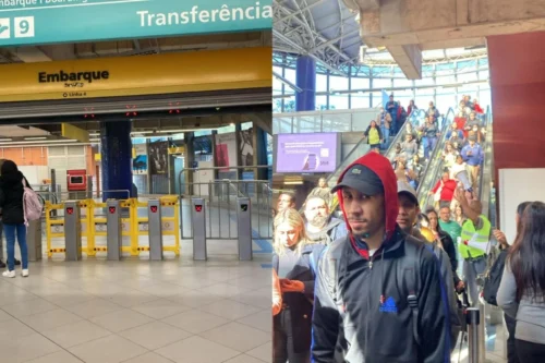 Passageiros aguardam trens na estação da Linha 4-Amarela do metrô de São Paulo durante lentidão causada por falha no sistema de sinalização.