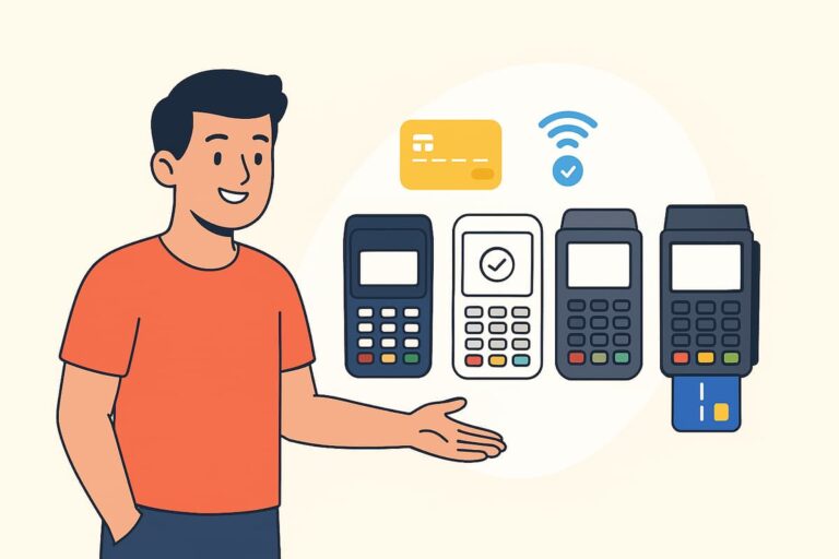 Ilustração mostrando empreendedor usando maquininhas de cartão para MEI em diferentes tipos de negócios.