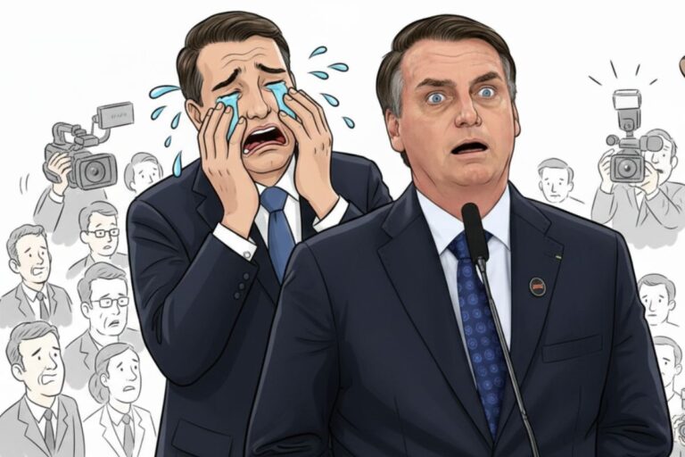 Ilustração digital em estilo caricatura mostrando Jair Bolsonaro em primeiro plano, com expressão de espanto, sendo segurado pelos ombros por diversas mãos enluvadas.