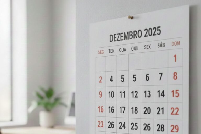 Calendário de parede focado no mês de Dezembro de 2025.