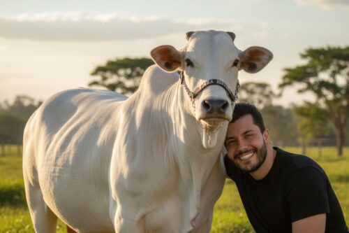Uma imagem gerada por IA que retrata o cantor Murilo Huff em um campo verde, com a cabeça suavemente encostada em uma vaca branca e majestosa