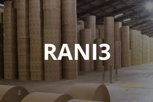 Abreviatura de ações RANI3 (Irani Papel e Embalagem) sobreposta à imagem de grandes pilhas de rolos de papelão ou celulose em um depósito industrial.