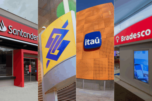 Montagem com fotos de agências dos bancos (da esq. para dir.) Santander; Banco do Brasil; Itaú; Bradesco.