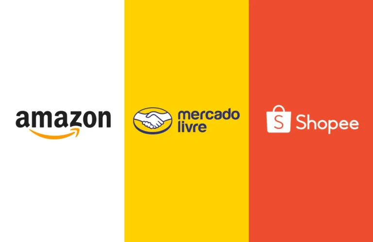 Imagem com as logos da Amazon, do Mercado Livre e da Shopee,