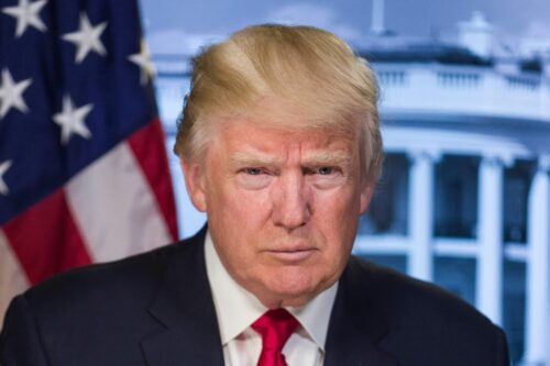 Retrato de Donald Trump diante da bandeira dos EUA e do prédio da Casa Branca ao fundo.