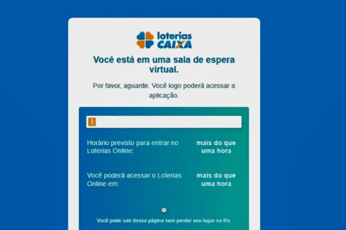 Captura de tela do portal Loterias Online da Caixa Econômica Federal exibindo uma mensagem de sala de espera virtual.