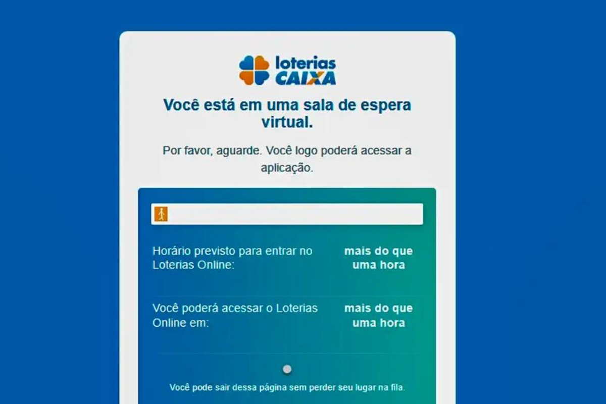 Captura de tela do portal Loterias Online da Caixa Econômica Federal exibindo uma mensagem de sala de espera virtual.