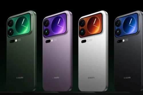 Quatro smartphones Xiaomi 17 Ultra de costas, exibindo um módulo de câmera grande e retangular no topo, com a marca 'LEICA' visível.