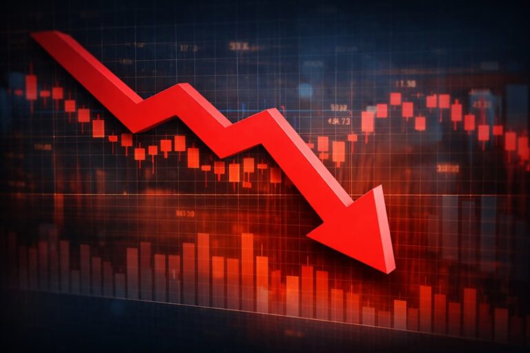 Gráfico financeiro com seta vermelha em queda, ilustrando fluxo cambial negativo no Brasil e retração do mercado.