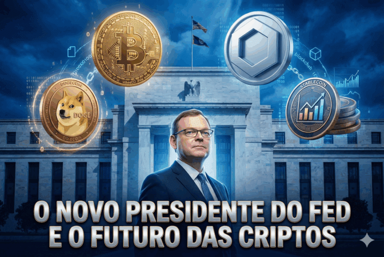 "Ilustração digital em estilo 3D simulando a capa de um artigo. Em primeiro plano, um homem de terno e óculos, representando Kevin Hassett, está posicionado à frente da fachada clássica do edifício do Federal Reserve. Ao redor dele, flutuam moedas tridimensionais grandes representando Bitcoin, Dogecoin