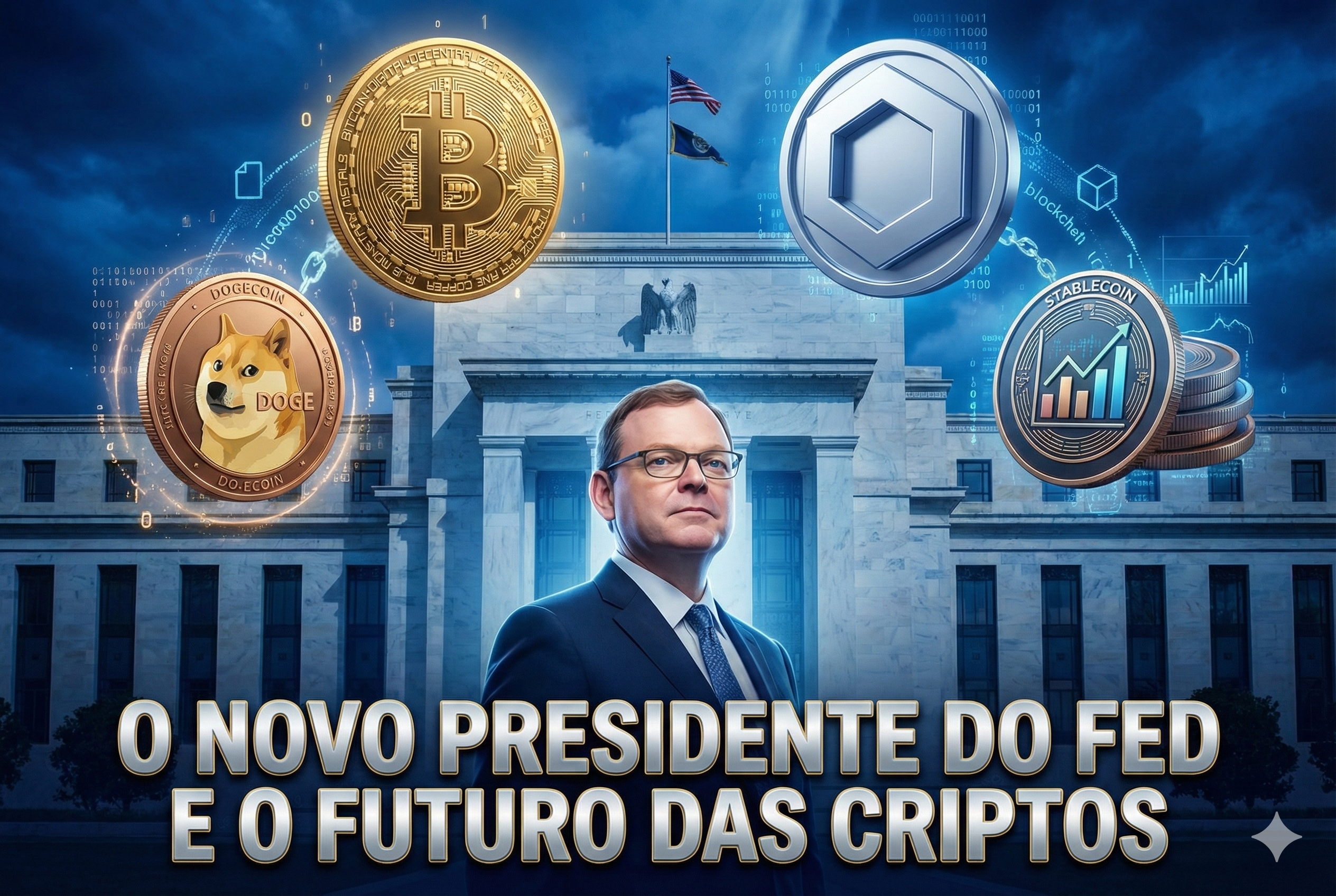 "Ilustração digital em estilo 3D simulando a capa de um artigo. Em primeiro plano, um homem de terno e óculos, representando Kevin Hassett, está posicionado à frente da fachada clássica do edifício do Federal Reserve. Ao redor dele, flutuam moedas tridimensionais grandes representando Bitcoin, Dogecoin